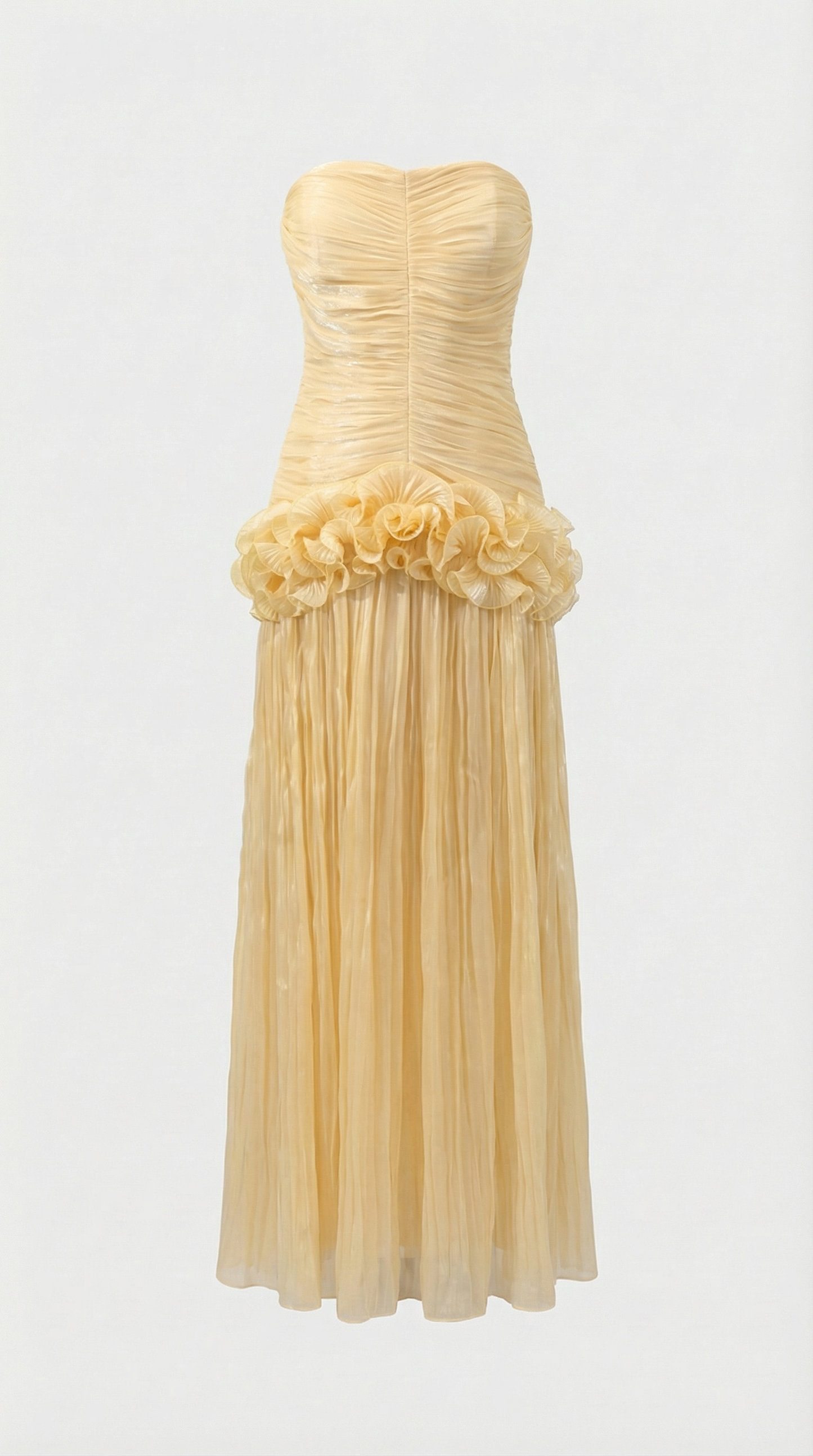 Miri - Metallic Pleated Strapless Maxi Dress Yellow