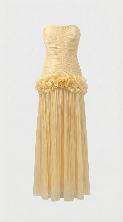 Miri - Metallic Pleated Strapless Maxi Dress Yellow
