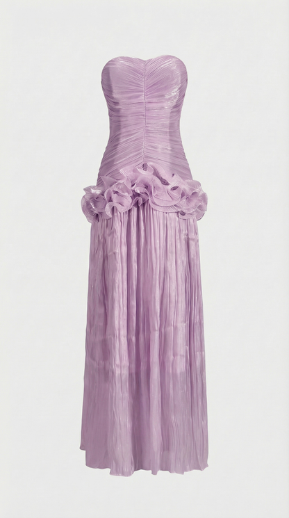 Miri - Metallic Pleated Strapless Maxi Dress Purple