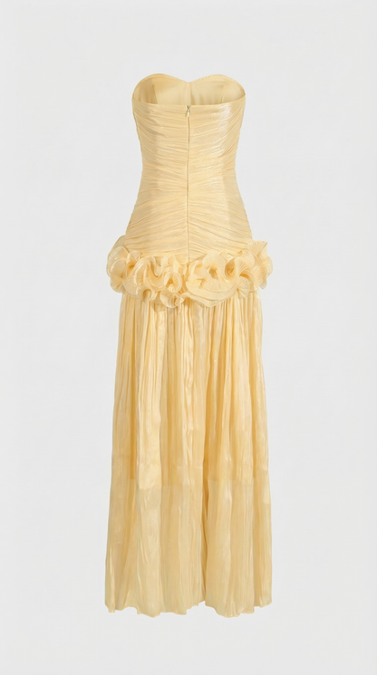 Miri - Metallic Pleated Strapless Maxi Dress Yellow