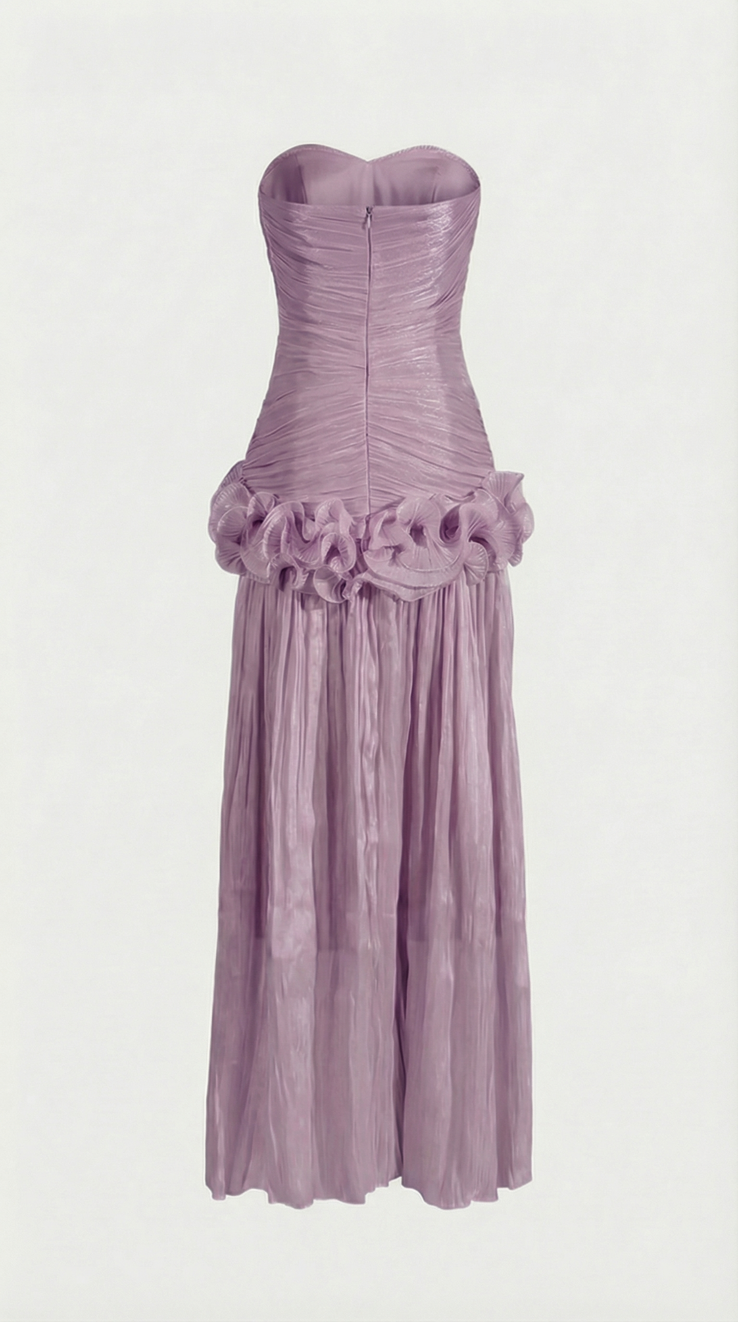 Miri - Metallic Pleated Strapless Maxi Dress Purple