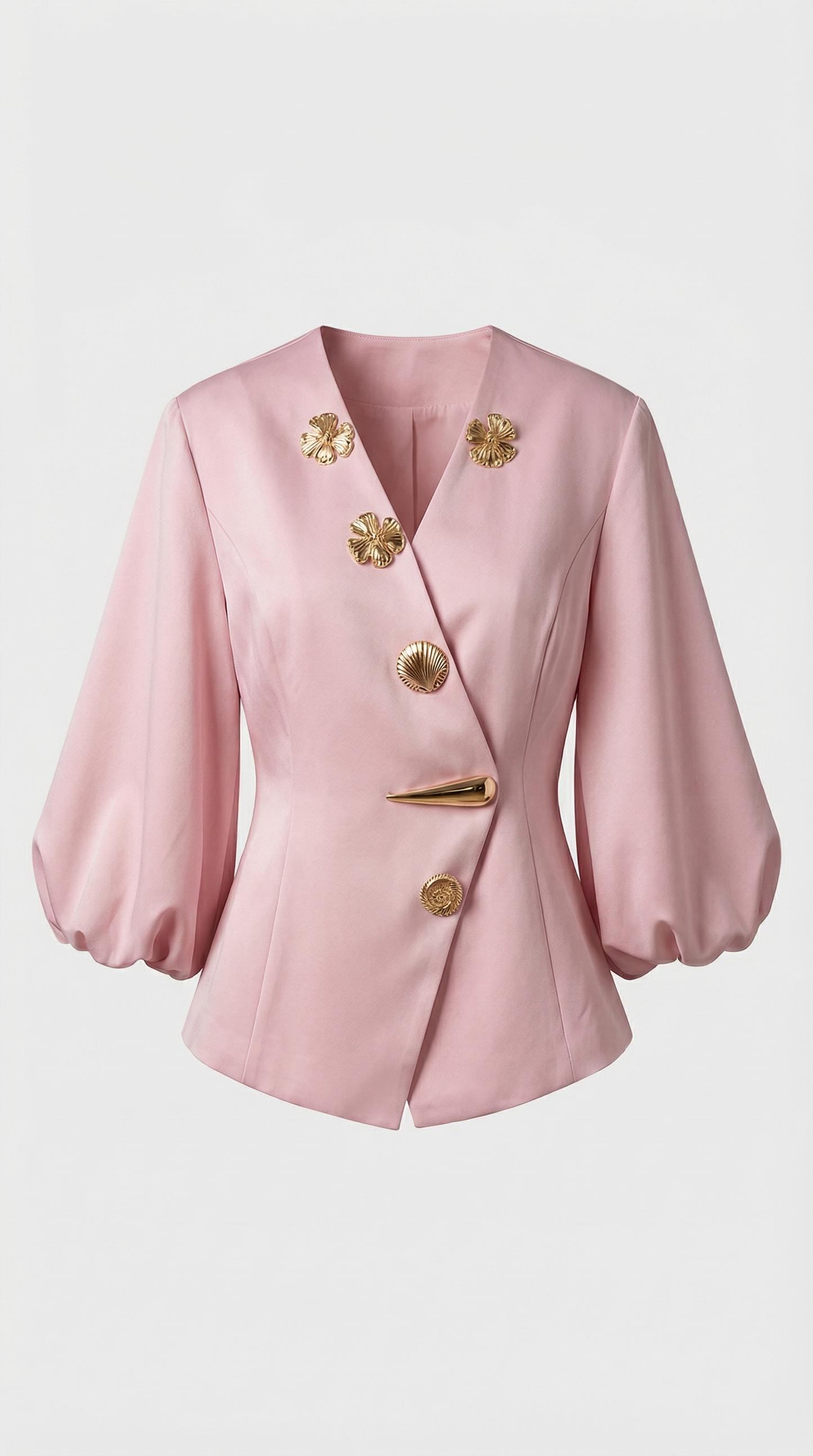 Keni - Metal-Button Puff-Sleeve Top Pink