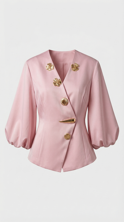 Keni - Metal-Button Puff-Sleeve Top Pink