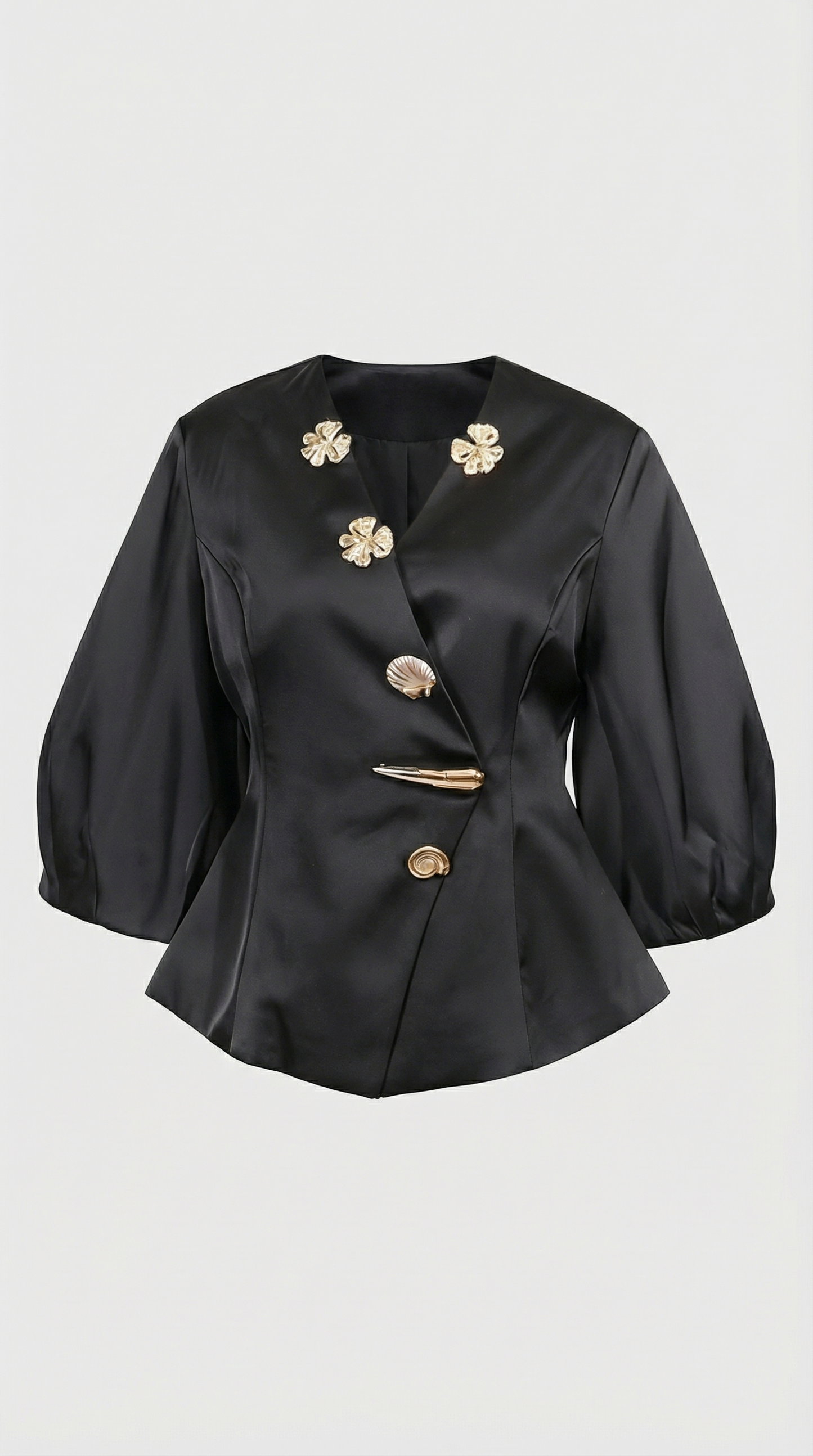 Keni - Metal-Button Puff-Sleeve Top Black