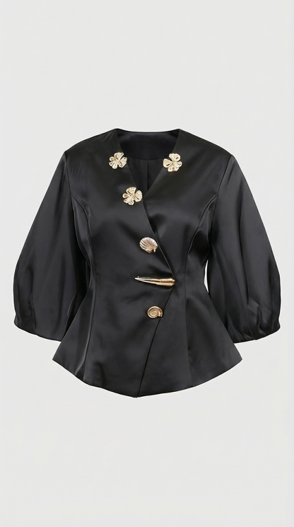 Keni - Metal-Button Puff-Sleeve Top Black