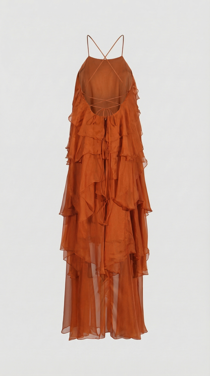 Zeli - Tiered Ruffle Halter Maxi Dress Orange