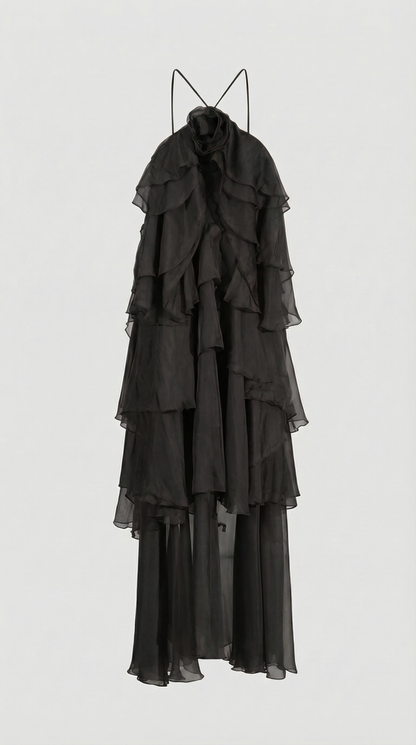 Zeli - Tiered Ruffle Halter Maxi Dress Black