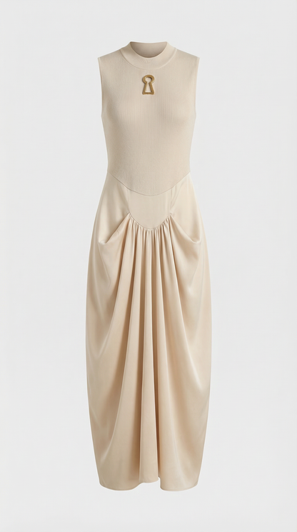 Alara - Keyhole-Detail Mixed Media Maxi Dress Beige