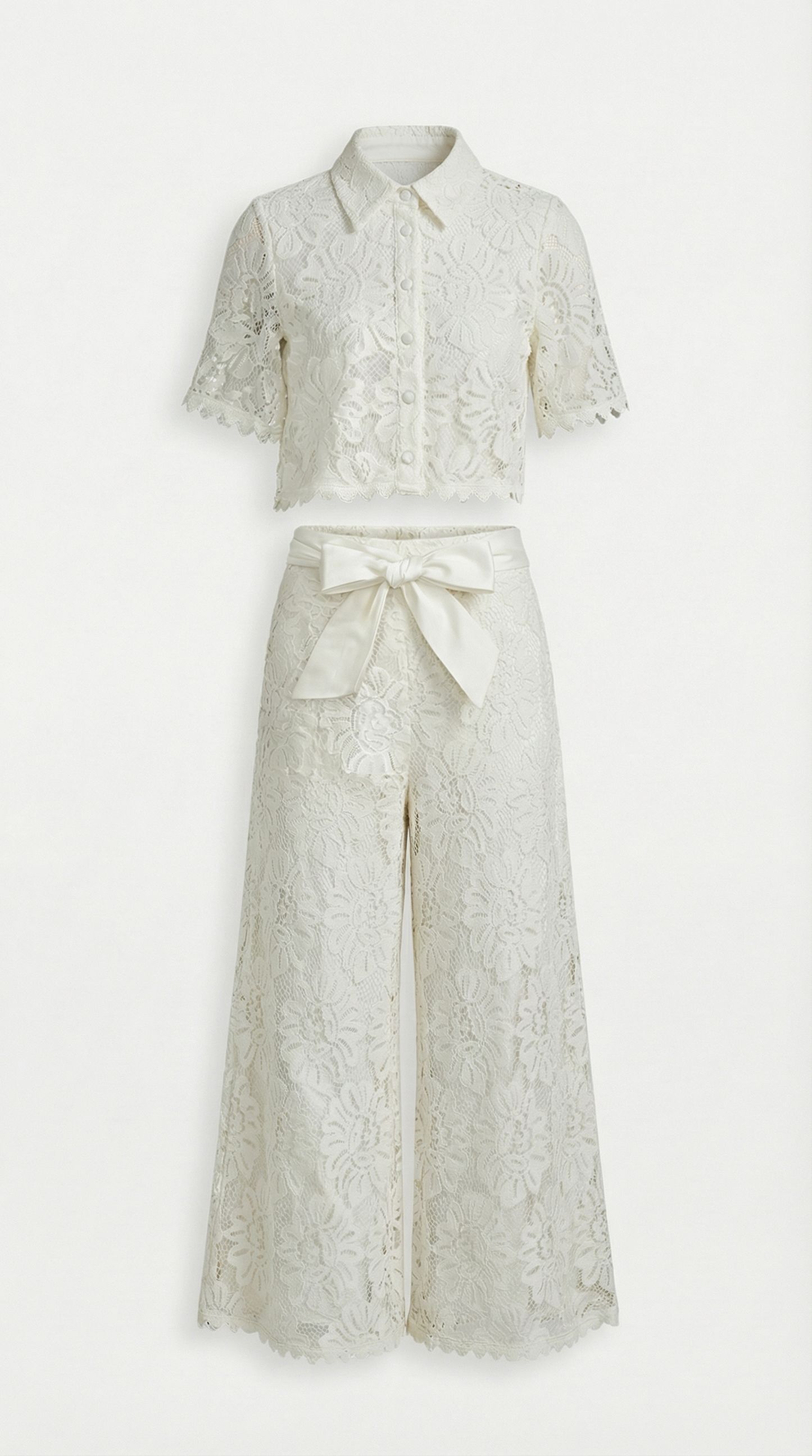 Senti - Cropped Lace Shirt & Wide-Leg Trouser Set White