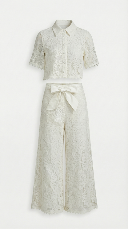 Senti - Cropped Lace Shirt & Wide-Leg Trouser Set White