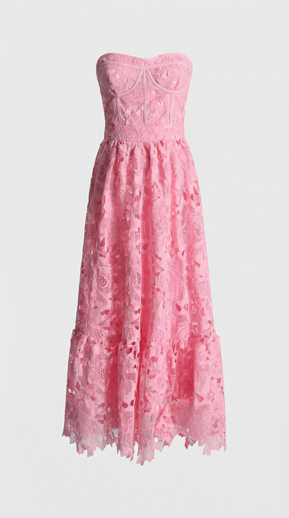 Ole - Strapless Guipure Lace Bustier Maxi Dress Pink