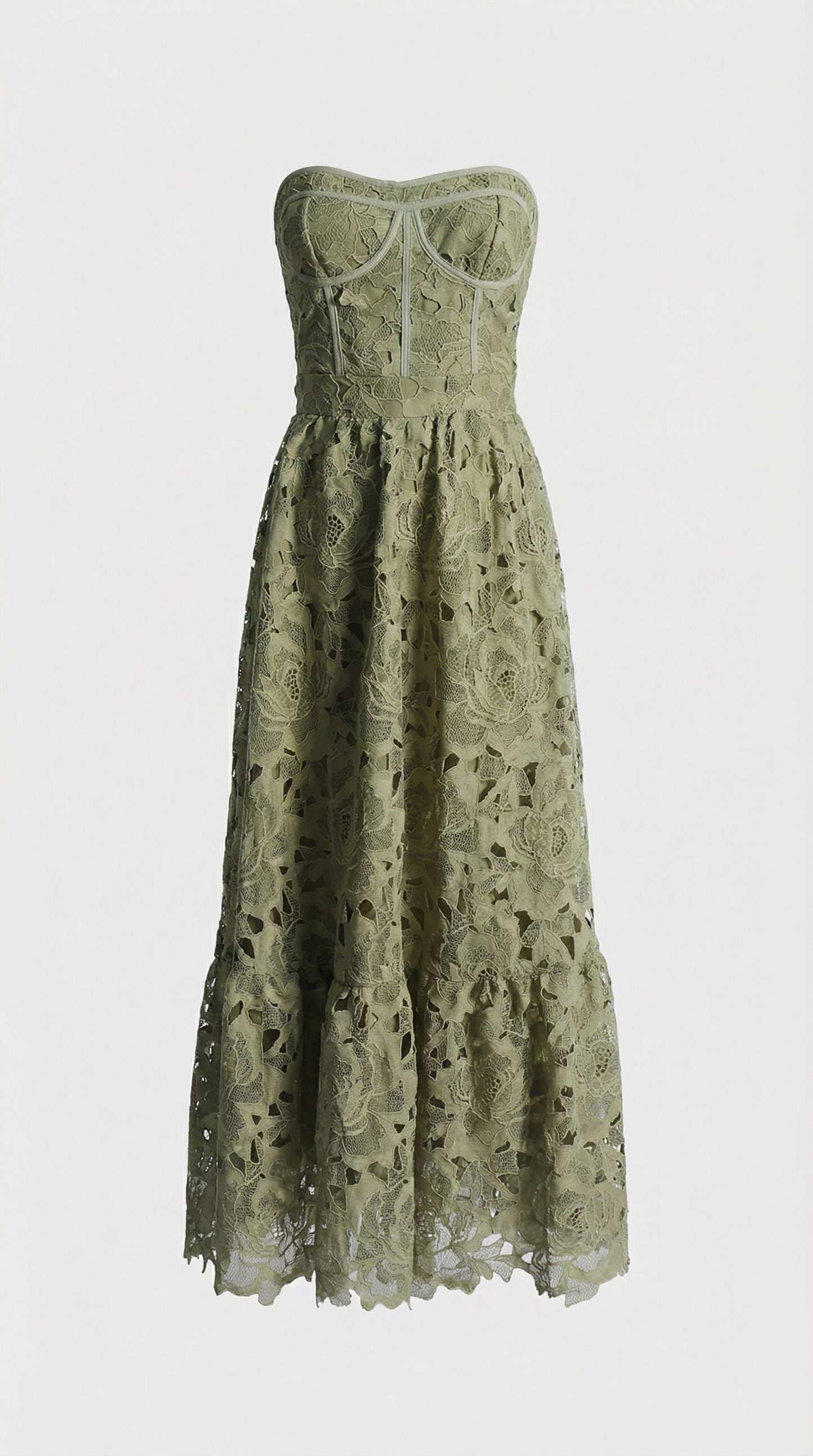 Ole - Strapless Guipure Lace Bustier Maxi Dress Green