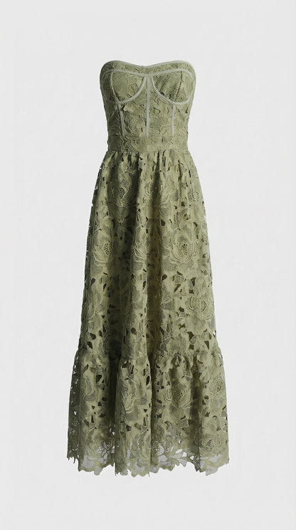 Ole - Strapless Guipure Lace Bustier Maxi Dress Green