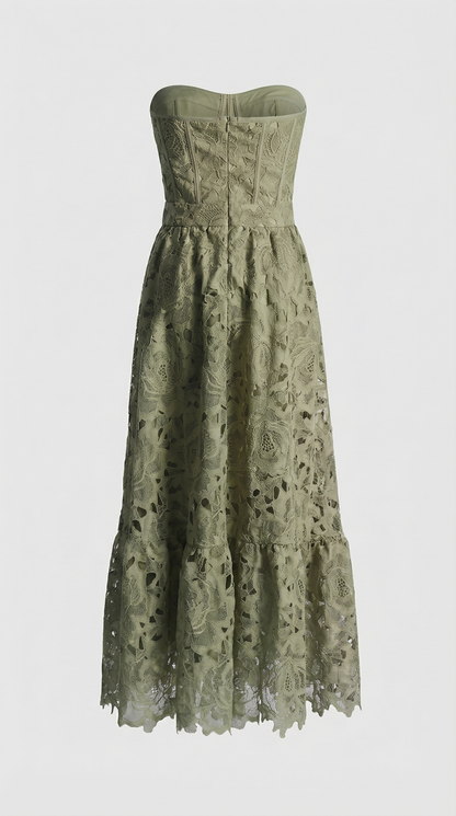 Ole - Strapless Guipure Lace Bustier Maxi Dress Green