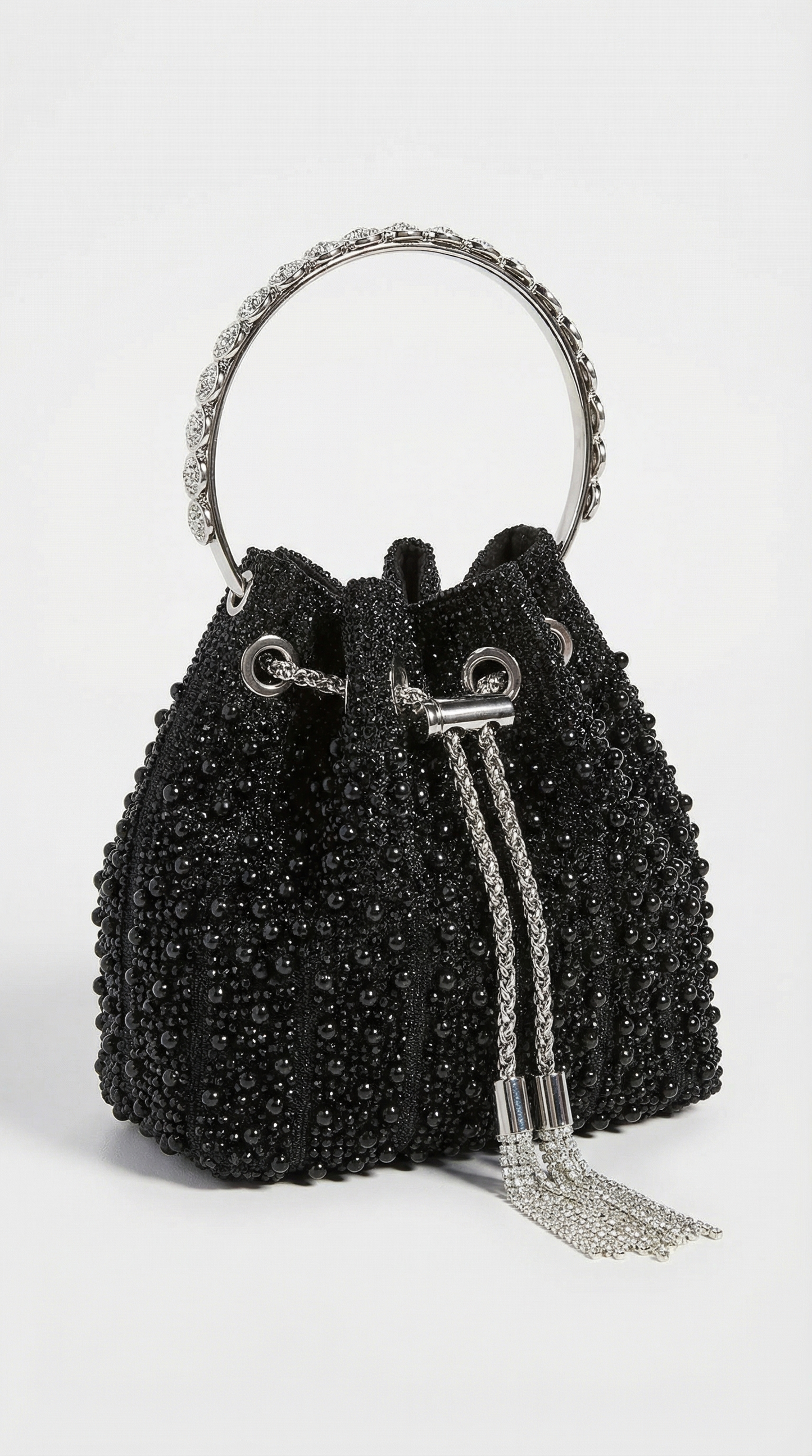 Esla - Pearl & Crystal-Embellished Drawstring Bucket Bag Black