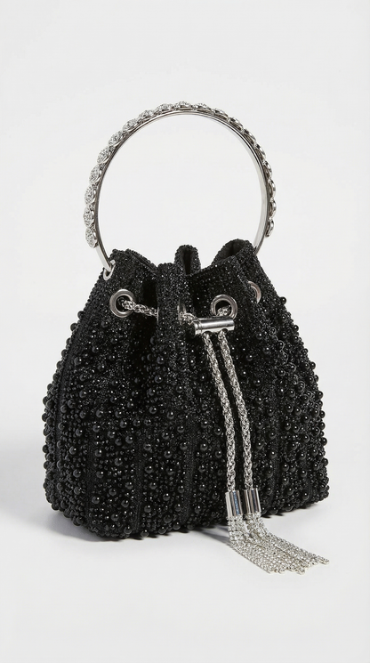 Esla - Pearl & Crystal-Embellished Drawstring Bucket Bag Black