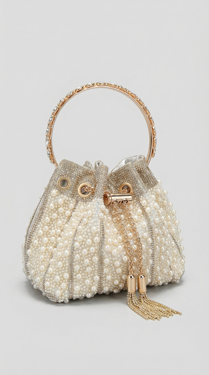 Esla - Pearl & Crystal-Embellished Drawstring Bucket Bag Beige