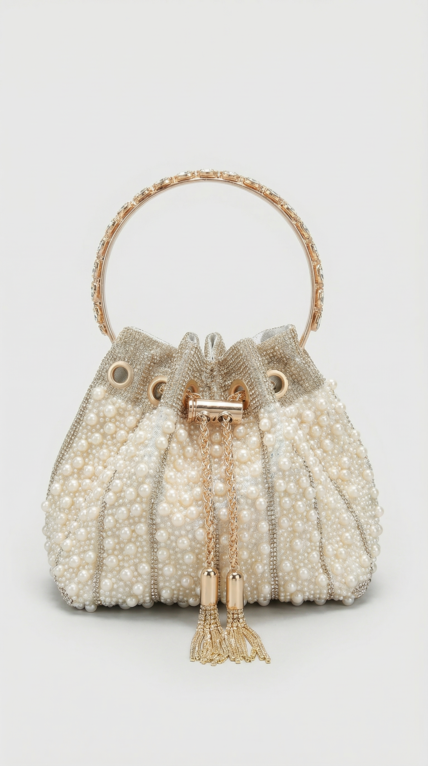 Esla - Pearl & Crystal-Embellished Drawstring Bucket Bag Beige