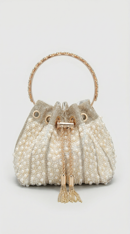Esla - Pearl & Crystal-Embellished Drawstring Bucket Bag Beige