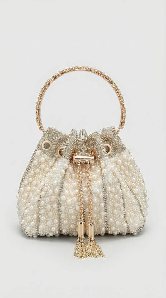Esla - Pearl & Crystal-Embellished Drawstring Bucket Bag Beige
