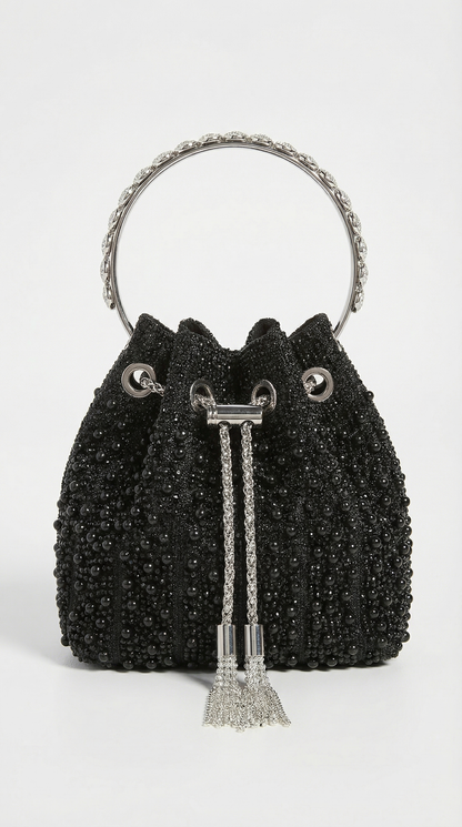 Esla - Pearl & Crystal-Embellished Drawstring Bucket Bag Black