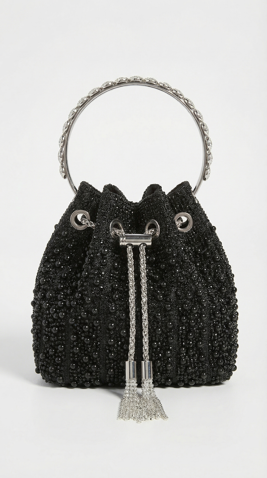 Esla - Pearl & Crystal-Embellished Drawstring Bucket Bag Black