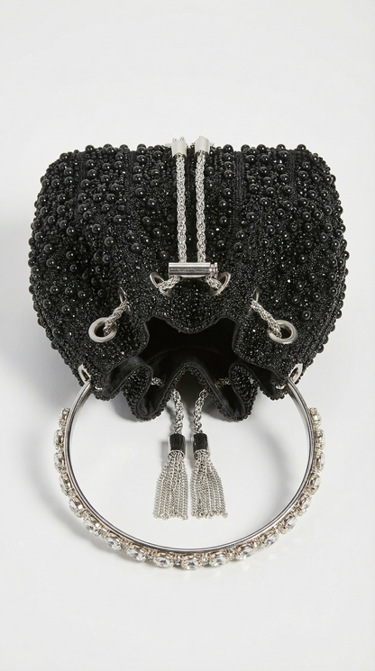 Esla - Pearl & Crystal-Embellished Drawstring Bucket Bag Black
