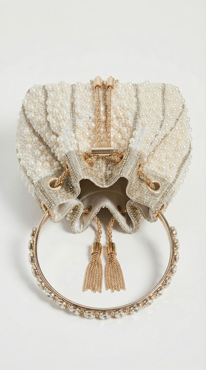 Esla - Pearl & Crystal-Embellished Drawstring Bucket Bag Beige