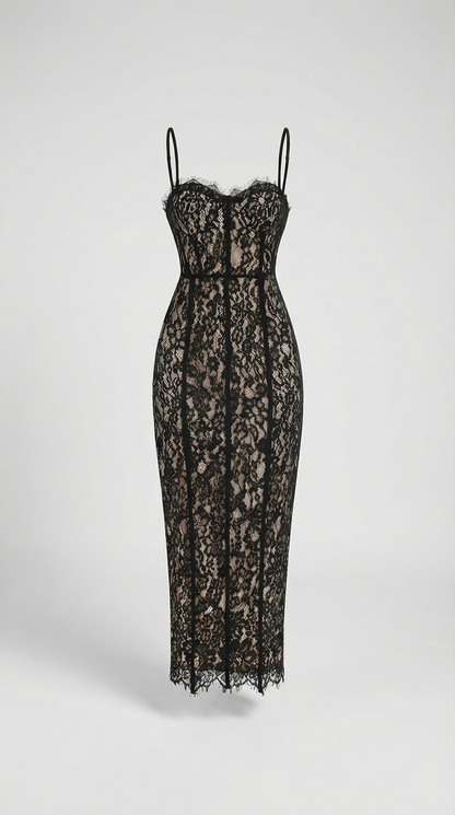 Lotri - Paneled Floral Lace Bustier Midi Dress