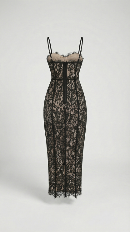 Lotri - Paneled Floral Lace Bustier Midi Dress