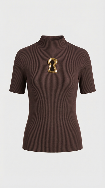 Solo - Keyhole-Detail Ribbed Knit Top Brown