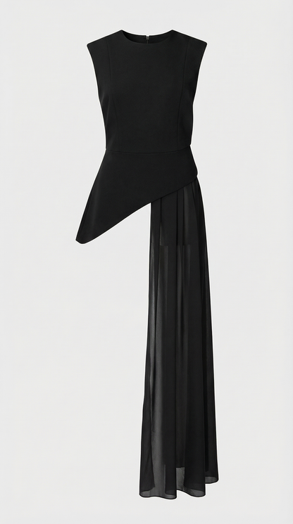 Mara - Asymmetrical Chiffon-Draped Peplum Top Black