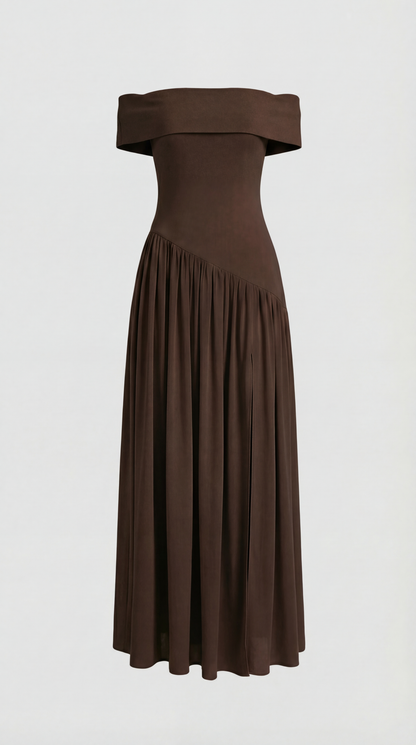 Fleur - Strapless Dress with Extravagant High Slit Brown