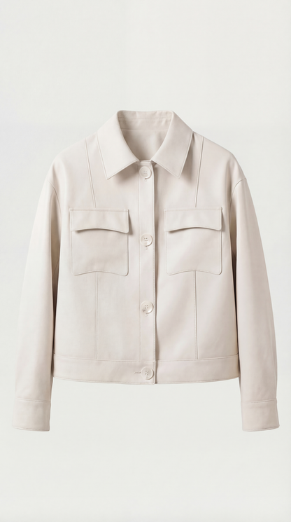 Cela - Square Collar Genuine Leather Short Jacket White