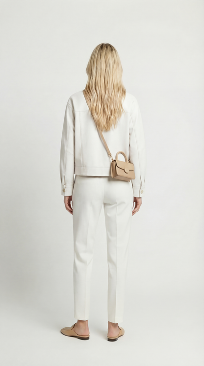 Cela - Square Collar Genuine Leather Short Jacket White