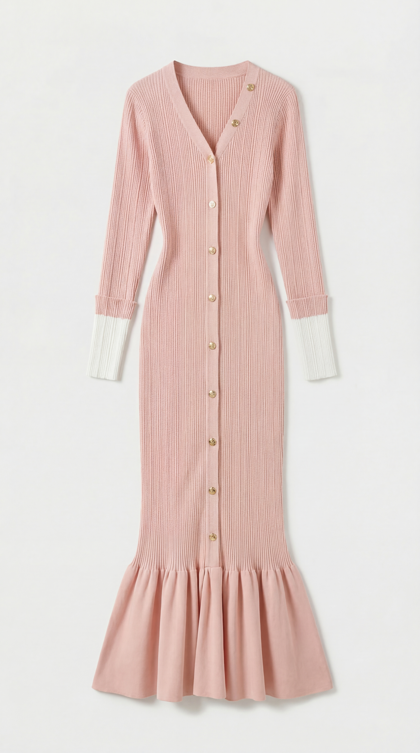 Yva - Fishtail Dress Women with Deep V Neck and Jewellery Buttons Pink