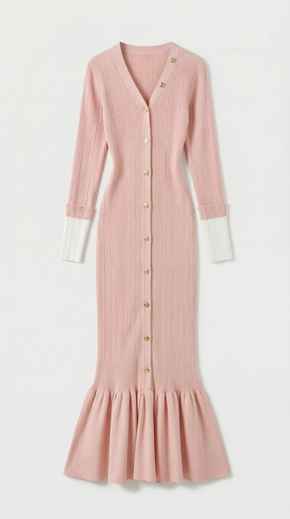Yva - Fishtail Dress Women with Deep V Neck and Jewellery Buttons Pink