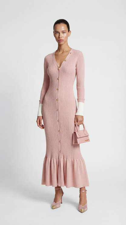 Yva - Fishtail Dress Women with Deep V Neck and Jewellery Buttons Pink