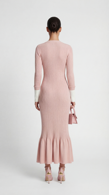 Yva - Fishtail Dress Women with Deep V Neck and Jewellery Buttons Pink