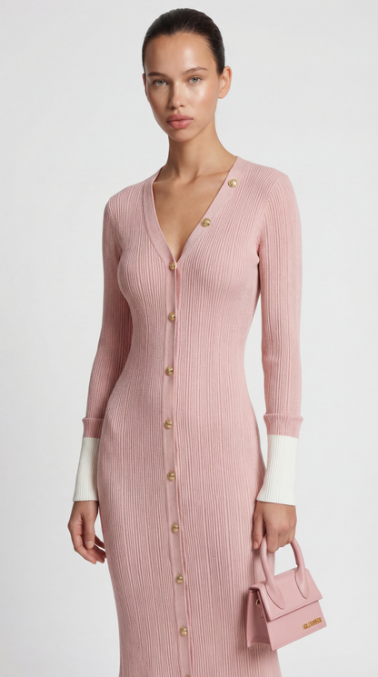 Yva - Fishtail Dress Women with Deep V Neck and Jewellery Buttons Pink
