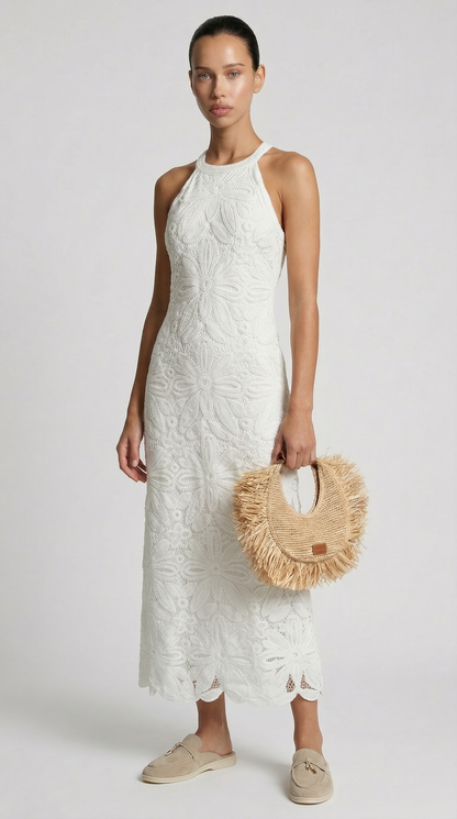 Nosa - Embroidered Halter-Neck Maxi Cotton Dress