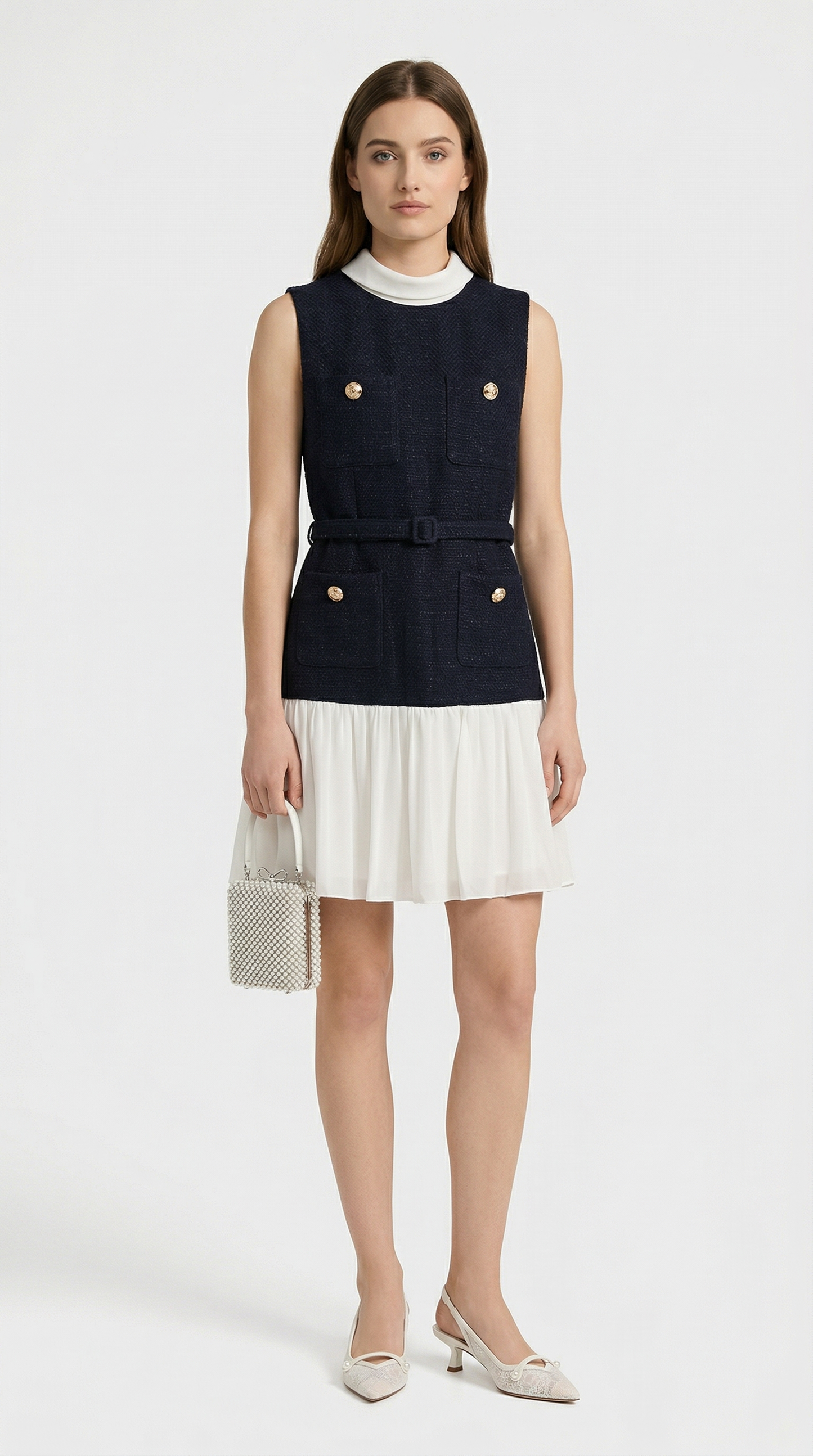 Bora - Belted Tweed & Pleated Chiffon Dress