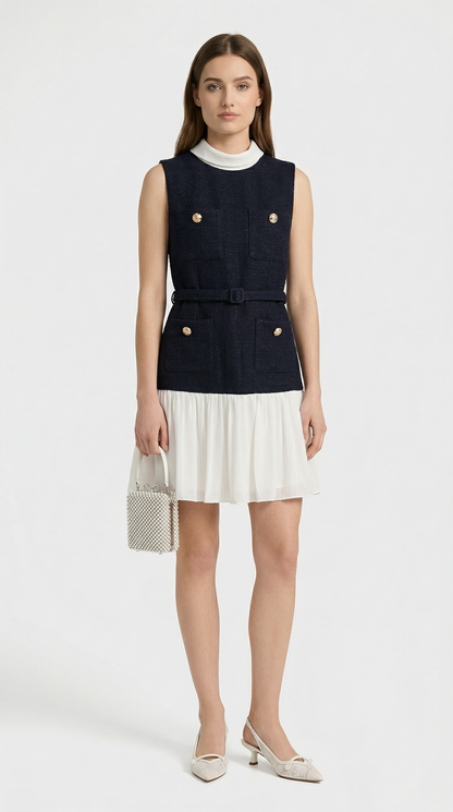Bora - Belted Tweed & Pleated Chiffon Dress