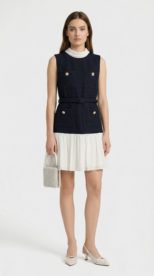 Bora - Belted Tweed & Pleated Chiffon Dress