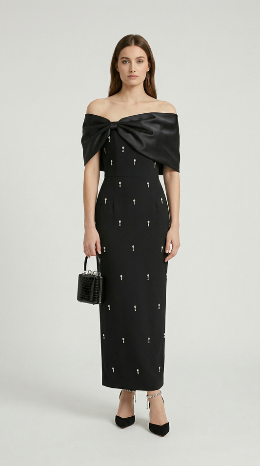Tuli - Off-The-Shoulder Bow Maxi Dress Black