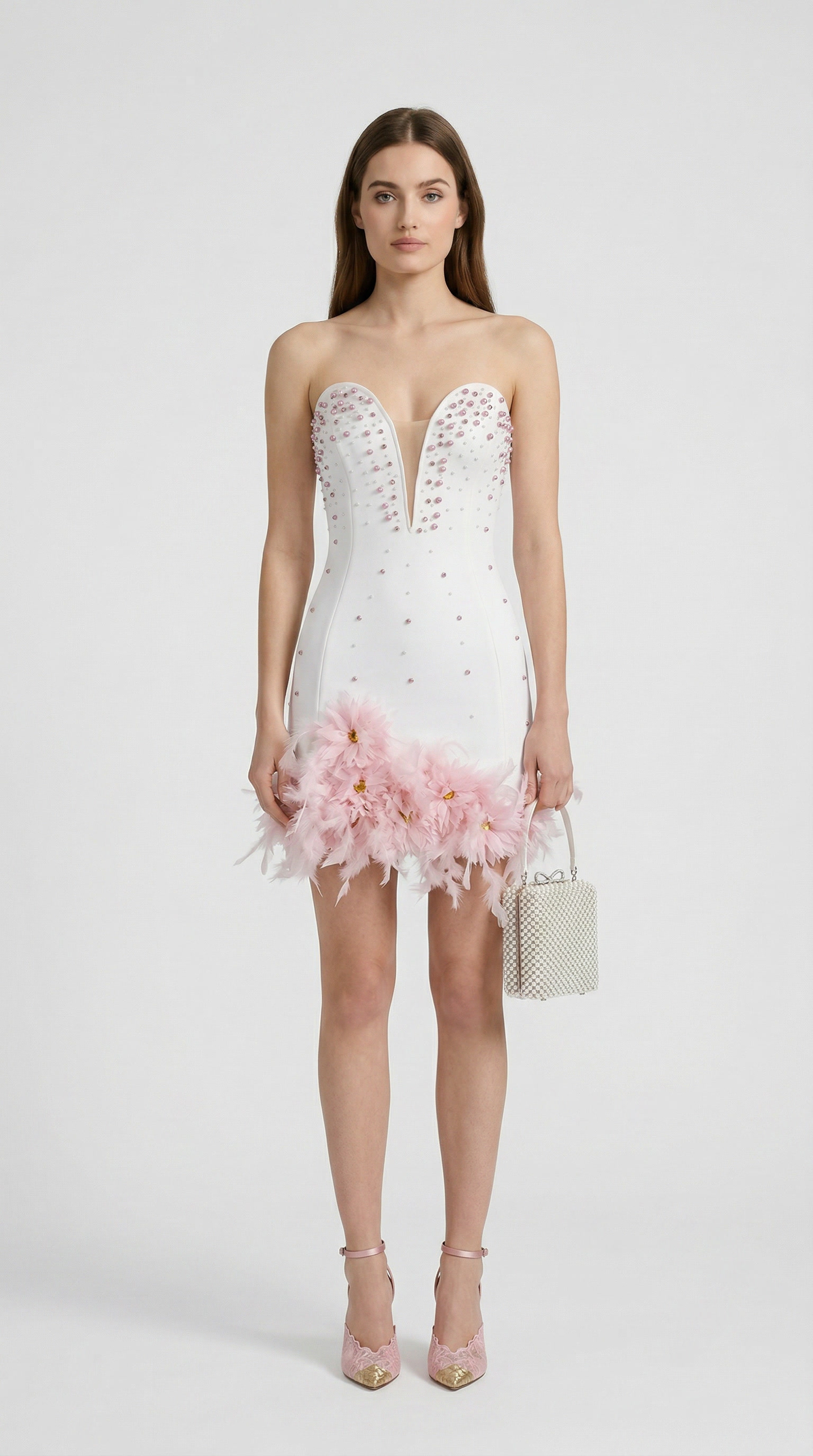 Bless - Pearl-Embellished Feather Hem Mini Dress