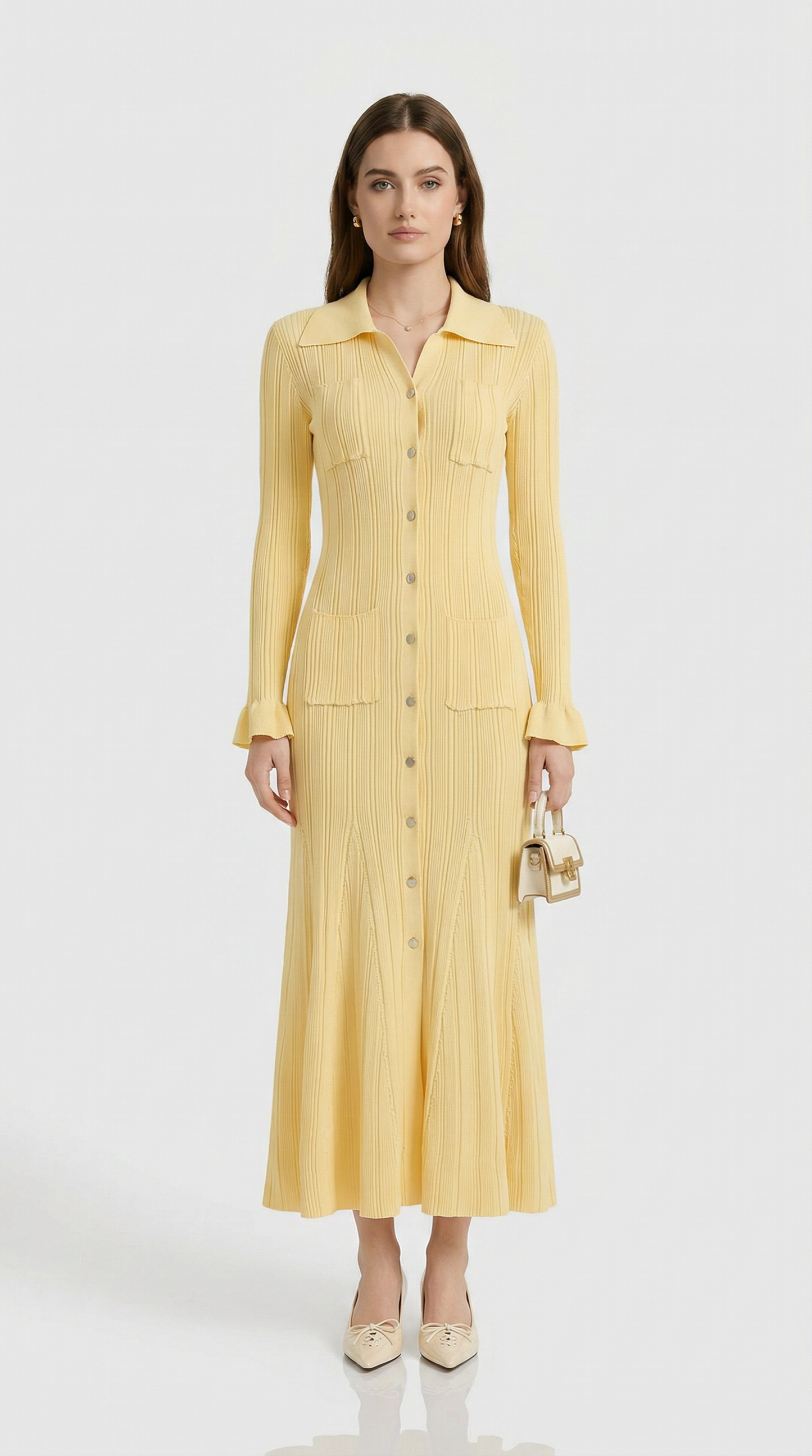 Kena - Ribbed Knit Button-Down Midi Dress Yellow