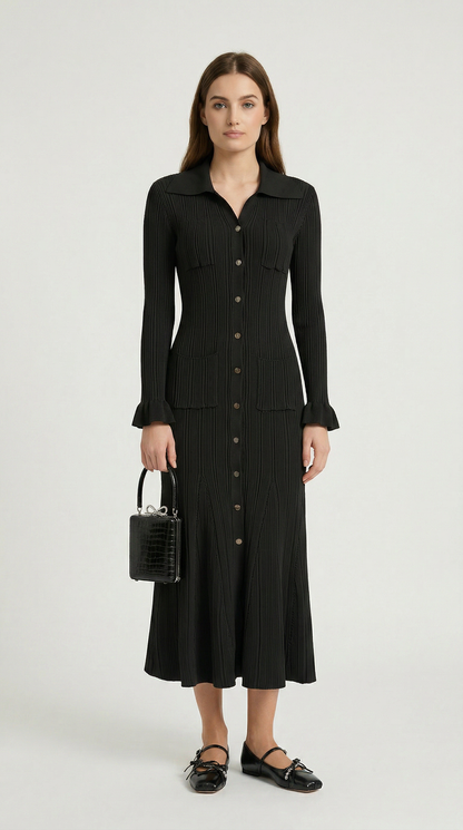 Kena - Ribbed Knit Button-Down Midi Dress Black