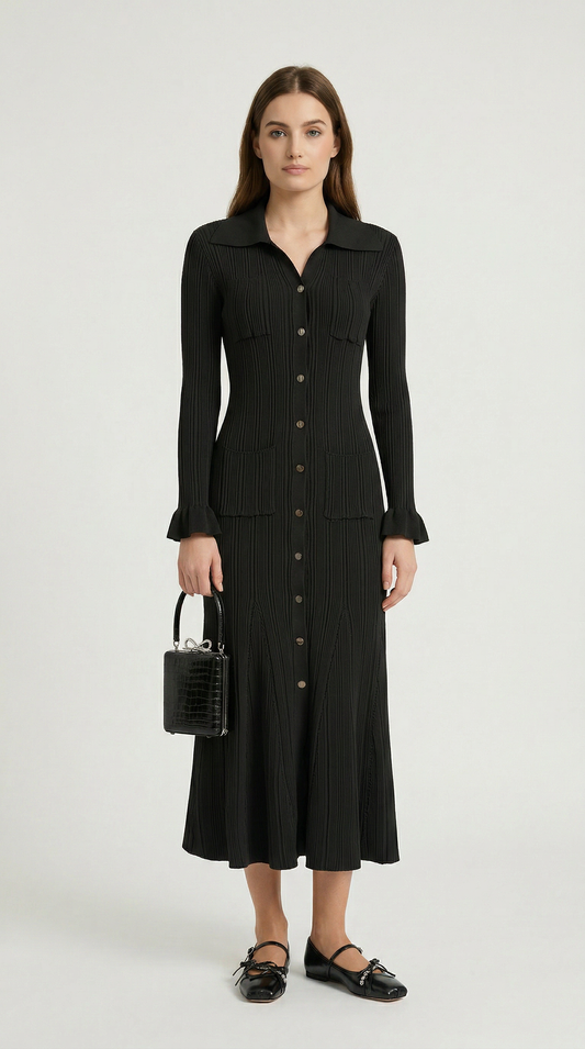 Kena - Ribbed Knit Button-Down Midi Dress Black
