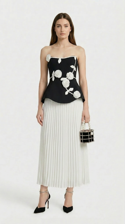 Oro - 3D Floral Peplum & Pleated Maxi Dress Black